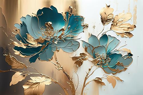 adrium Acryl-Bild 80 x 50 cm: Abstraktes florales Ölgemälde. Goldene und blaue Blumen auf pastellfarbenem Hintergrund. Generative KI (202226327)