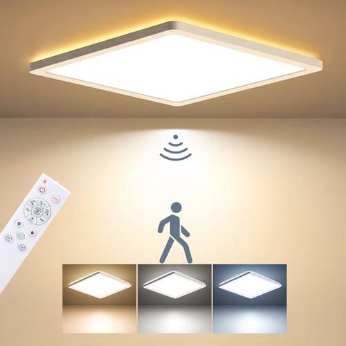 BLNAN LED luz de Techo con Detector de Movimiento de Radar, 24W luz de Techo Plana con Mando a Distancia, Sensor de Movimiento del Panel, Cálido Neutro Blanco frío para Baño, Pasillo, Escaleras, Aseo
