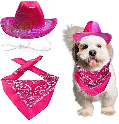 AWOCAN Hund Cowboy Hut Hund Katze Cowboy Hut Kostüm Bandana West Cowboy Zubehör für Haustier Metallic Space Glänzend Cowboy Hüte für Hund Katze (Rosarot)