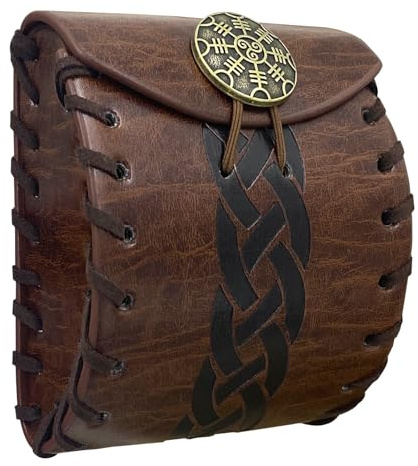 HiiFeuer Mittelalter Mini-Gürteltasche aus Kunstleder, Tragbare Renaissance Gürtelbeutel, Nordisches Portemonnaie Würfelbeutel für LARP Ren Faire (Braun A)