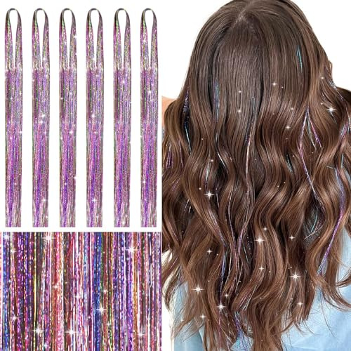 WENNALIFE Hair Tinsel, Glitzer Haarsträhnen für Party Festival Mädchen | 120cm 6 Stück Haar Lametta 1200 Glitzersträhnen für Haare. #Rainbow. Leicht, Gerade, Knitterfrei.