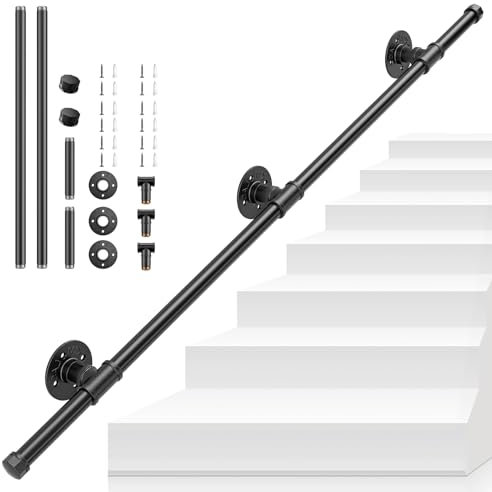 Handrails for Stairs, SenDeluz 1.2M Metal Stair Handrail for Indoor Outdoor Wall Mounted Handrail Non-Slip Galvanized Iron Industrial Pipe Stair Rail for Wear-Resistant, Corrosion-Resistant