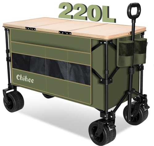 Chihee Chariot de Jardin Pliable Chariot Utilitaire,Chariot de Plage Pliant Capacité 220L,Très résistant Roues Tout Terrain Pochette surdimensionnée 1 Bureau pliable2 Porte-Boissons