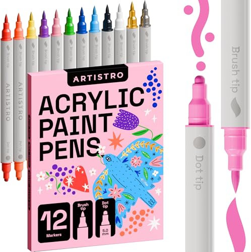 ARTISTRO Acrylic Paint Pens, Dual Tip Markers (Dot + Brush, 12) for Fabric, Canvas, Rock, Glass, Wood, Paper, DIY