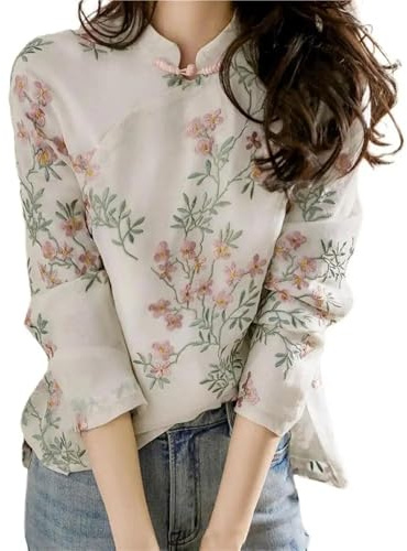 Blouse Soft Women Shirt Chinese Style Long Sleeve Cheongsam Shirt All Match(Medium) White