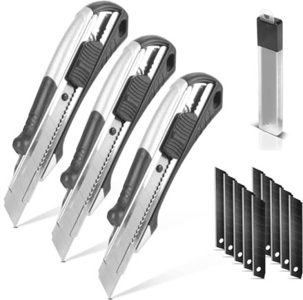 STAHLWERK Premium-Cuttermesser PCM-182 ST 3er Set mit 18 mm Abbrechklingen Profi Cutter | Teppichmesser | Sicherheitsmesser | Paketmesser | Kartonmesser