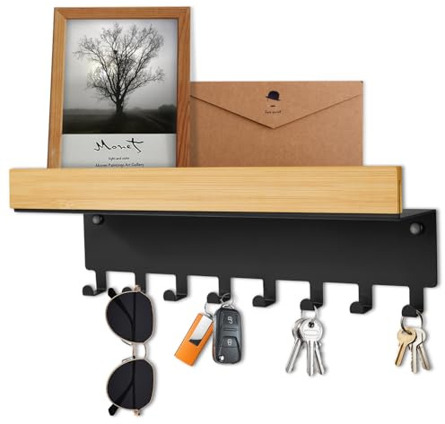 TINIFO Schlüsselbrett mit Ablage Holz Klein 8 Haken Schwarz | Wandmontage mit Schrauben, Schlüsselhalter mit Ablage, Metallrahmen & Holzplatte, für Flur Küche Eingangsbereich