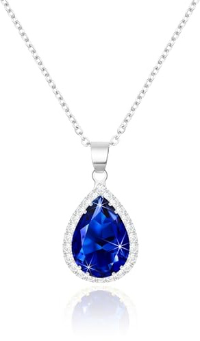 Linawe Collier à chaîne pour femmes, pendentif bleu saphir, chaîne en argent, ensembles de bijoux en argent pour femmes, collier, pendentif, diamant, pierre de naissance, chaîne en cristal