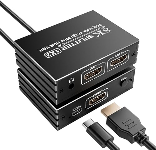 8K HDMI Splitter 1 in 2 Out - Verteiler für Dual Monitor Mirror und Kopie, Unterstützt 8K@60Hz 4K@120Hz 1080P EDID HDCP2.3 HDR10 VRR Dolby Vision für PS5 Xbox Laptop