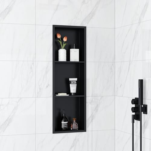 Qeke Duschnische, rostbeständige Einbauablage, 3 Ebenen, 90 cm, Schwarz | Edelstahl 304, Wasserdicht, Leicht zu Reinigen, Entwässern Schnell, Mehrere Größen, große Kapazität, für Badaufbewahrung