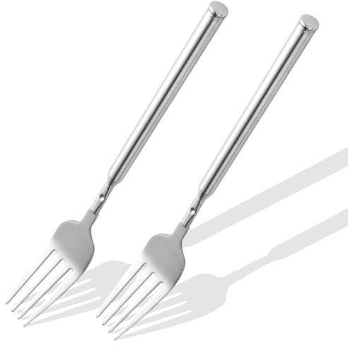 Girla [2 st] utdragbar gaffel för skämt, expanderbar gaffel, utökad/förlängning/förlängningsgafflar, förlängning från 22 cm till 64,5 cm, rostfritt stål teleskop/teleskop/infällbar gaffel. Silver