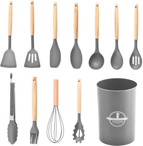 12 PCS Silicone Kitchen Utensils Set, Kitchen Tools Spatula Set with Holder, Wooden Handle Cookware Tongs Spatula Spoon Set, Heat Resistant Cookware, Best Kitchen Tools