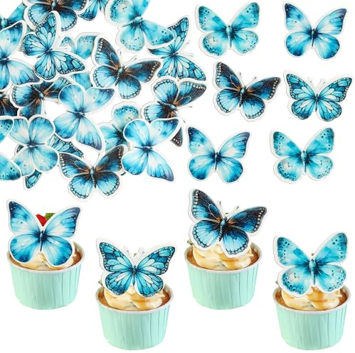 Ephlyn 48Pcs Edible Butterfly Cake Decorations Wafer Paper Butterflies Cupcake Toppers Butterfly Decorations for Wedding Birthday Anniversary Baby Shower Party Decorating Supplies Blue