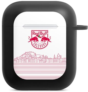 Hülle mit Karabiner kompatibel mit Apple AirPods (2. Generation) Case schwarz Schutzhülle mit Schlüsselanhänger Eishockey Skyline EC Red Bull Salzburg