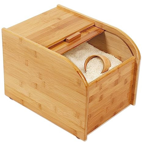 Distributeur de riz, récipient de stockage de riz en bois de bambou, pour les aliments secs dans la maison et la cuisine, avec couvercle coulissant et gobelet de mesure, boîte de stockage de céréales