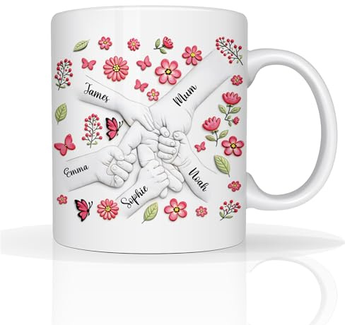 Star Online Personalised Mummy Mug Kids Name Holding Hands Mothers Day Mum Gift Flowers Hand Print Gifts for Grandma Nana 11oz Ceramic Coffee Cup (Mum Hands 2)