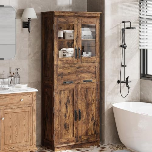 Litake 170cm Großer Badezimmerschrank mit 4 Türen, Freistehender Aufbewahrungsschrank mit Glastüren und verstellbaren Regalen und Schubladen Schrank für Küche Speisekammer Wohnzimmer (Braun)