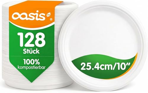Pappteller 25cm Einwegteller Stabil Zuckerrohr Teller Groß Kompostierbar | 128Stk Fett-&Auslaufsicher,Party Teller Einweg,Weiß,Rund,Bagasse,Einmal Teller für Party,Grillen, Mittagessen und Catering