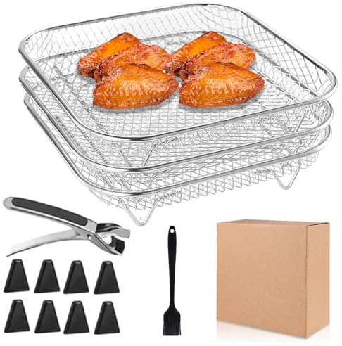 3 Pezzi Griglia per Friggitrice ad Aria,Accessori Friggitrice ad Aria con 8 Piedini In Silicone,1 Pinzetta,Impilabile Accessori per Friggitrice ad Aria,Quadrato,Acciaio Inossidabile