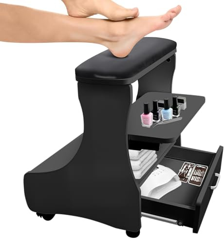 EBANKU Pediküre Fußstütze mit Rollen, Maniküre Fußhocker aus PU-Leder, tragbarer Spa Trolley für den Heimsalon, Nagel und Massagestation, leichtgängige mobile Fußstütze (Schwarz Weiß)