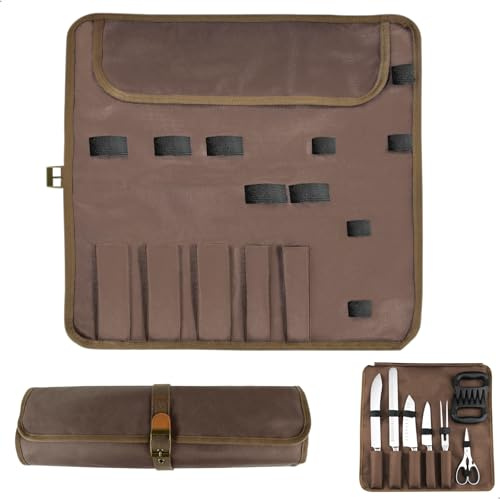 xyuayamz Sac à Couteaux, Portables Pochette Couteau avec 5 Emplacements, Sac à Couteaux Chef Imperméable pour Ustensiles pour Camping Randonnée, 1 Pièces, Marron