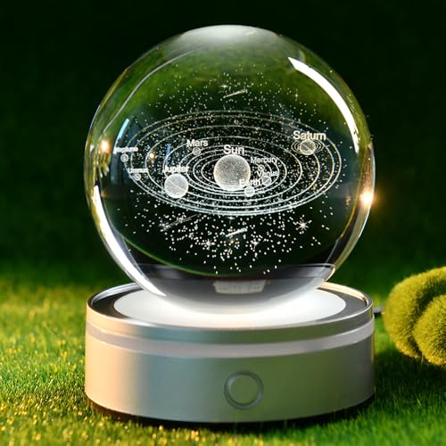 ZRENJHUS 3D Solar System Crystal Ball Universe Glass Ball Space Astronomy Gift Planets Model Science Astrophysics Gifts Solar System Night Light Glass Globe Decor with 12 Colorful Modes Light Base