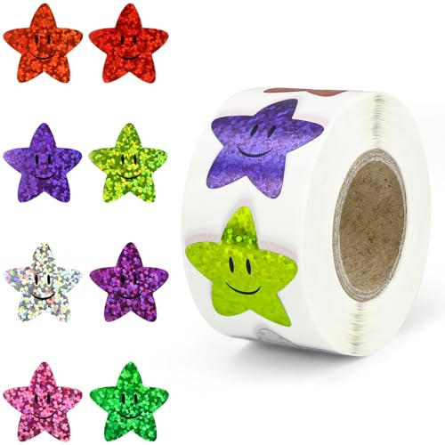 Luckaide 500 Stück Smiley Aufkleber, Sticker Folie mit Sternen, 25mm Rolle, Glitzer Anreizetyp Selbstklebend Etiketten für Schüler und Lehrer