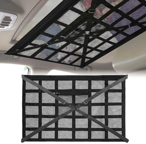 BYCHKA Gepäcknetz Auto für Opel Zafira Life I 2019-2024, 90 x 65 cm Große Kapazität,Hält Autoinnere Sauber,Autodach Gepäcknetzmit Reißverschlusstaschen