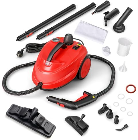 GOPLUS Limpiador a Vapor de 2000 W, Máquina de Limpieza de 1,8 L de Capacidad de Agua con 15 Accesorios, Escoba de Vapor para Alfombras, Sofá, Vidrio y Manchas Difíciles (Rojo)