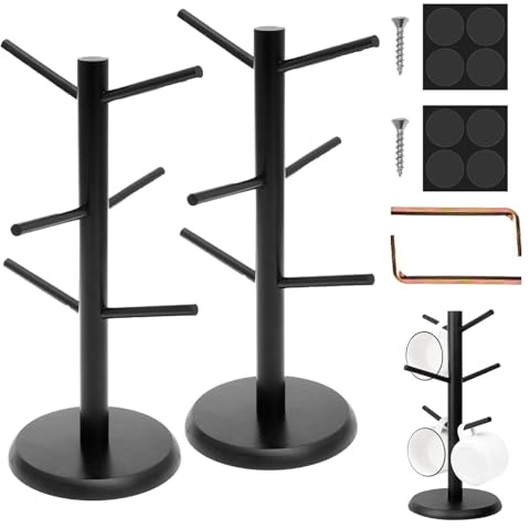 CAAGGMM Tassenständer Holz, 2 Stück Brezelhalter aus Holz, 35 cm Höhe Desktop Kaffeetassenhalter, Tassenhalter mit 6 Haken und Verdickter Basis, für Brezeln, Donuts, Würste, Küchen, Cafés(Schwarz)