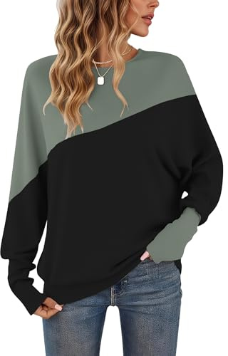 WNEEDU Langarmshirt Damen ColorBlcok Fledermausärmel Herbst Pullover Damen | Patchworkfarbe Zweifarbig Sweatshirt Damen Lässig Farbblock Oberteile damen Enge Manschetten