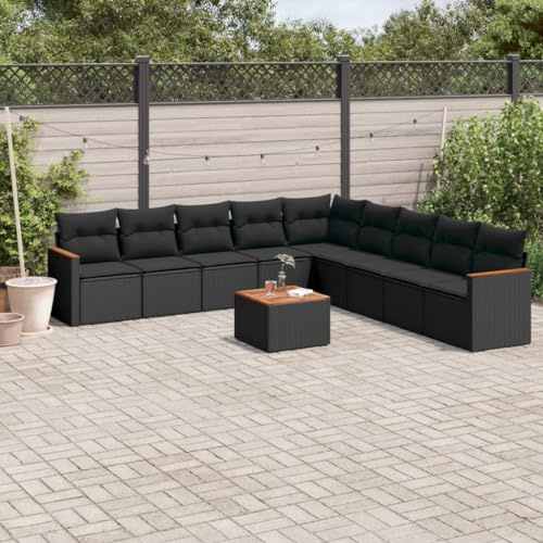 Ensemble de 10 canapés de jardin en polyrotin noir, table en bois d'acacia, résistant aux UV, groupe de sièges d'extérieur modulaire avec espace de rangement pour terrasse, balcon, cour, meubles de