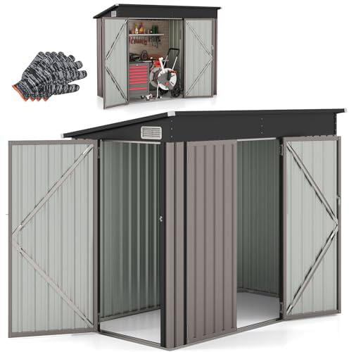 RELAX4LIFE Metall Geräteschuppen 2 Türen, 235x117x185 cm, Outdoor-Werkzeughaus mit geneigtem Dach, Belüftungsfenstern & Innen- und Außentürverriegelungen, Wind- & regensicher (Hellbraun)