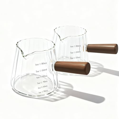 2Pcs Espresso Cup with Wood Handle, 180ml Glass Measuring Jug | Small Espresso Shot for Coffee, Milk Measuring, Barista Pitcher Tool