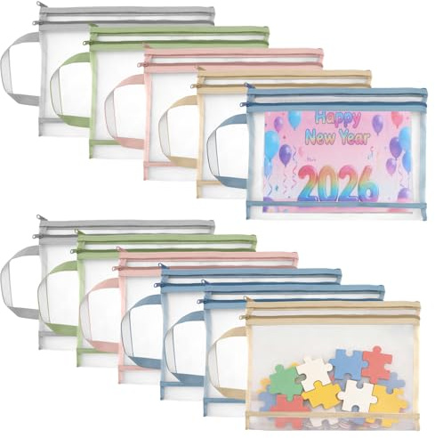 ZYNERY 11 Pack Colored Mesh Zipper Pouch Bags, A4 Double-Layer Sorting Toy Storage Bags with Handle, Puzzle Storage Bags for Building Blocks, Puzzles, Board Games, Books