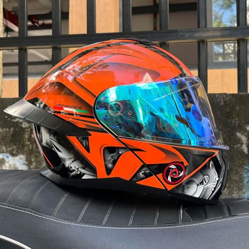 Modulär Motorcykelhjälm, DOT-godkänd Flip-Up Fullface Hjälm, Racinghjälm för Gatumotorcyklar, med Dubbel Visir, för Vuxna, Män och Kvinnor,Orange 6-xx_l(60_61)