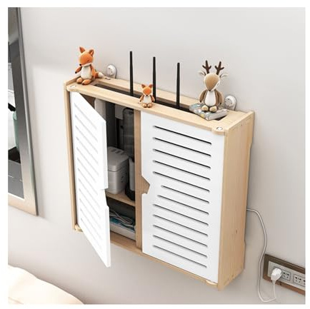 Scatola portaoggetti in legno a 2 strati per router WiFi con porta dell'armadio, mensola decorativa per gestione cavi per TV e set-top box, presa multipla di medie dimensioni