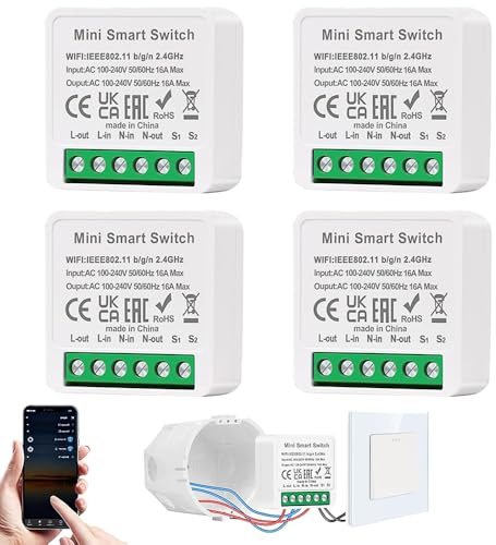 Dhqkqg 4 Stück Smart Lichtschalter Modul, Mini DIY WLAN Schalter 2 Wege, Smart Switch Kompatibel mit Google Home, Smart Life, Alexa Echo, Passt Hinter Wandschalter, Neutralleiter Erforderlich