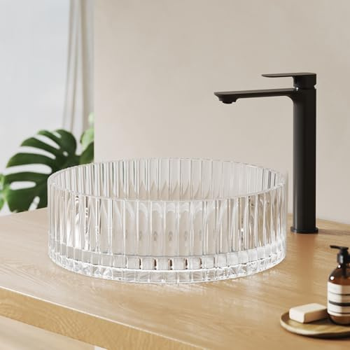 EMKE Lavabo da appoggio in vetro rotondo 40,0 × 40,0 × 12,0 cm – Design lavabo in vetro grande volume per bagno e WC degli ospiti, lavabo senza foro per rubinetto trasparente