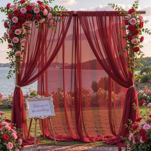 Shillance Burgundy Wedding Arch Draping Fabric, 2 Packs 29 x 20FT Sheer Fabric Arch Drapery Curtain Backdrop Ceiling Drapes for Wedding Arbor Ceremony Canopy Birthday Party Decorations