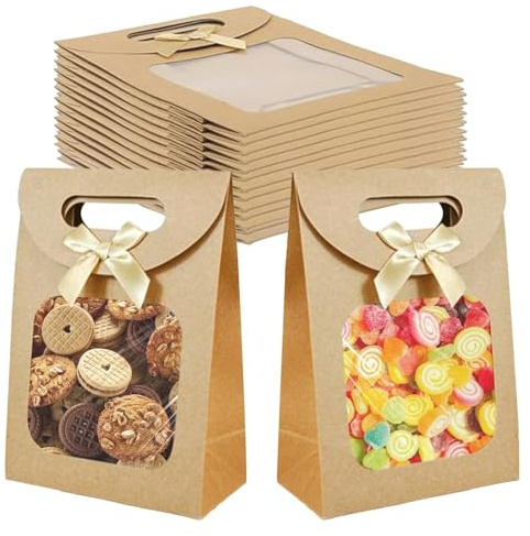 Geschenktüte mit Fenster 12 Stück Papiertüten mit Fenster Klein aus Kraftpapier für Lebensmittel 16x12x6 cm mit Champagnerfarbener Schleife Weihnachten Geschenkverpackung Papiertüten