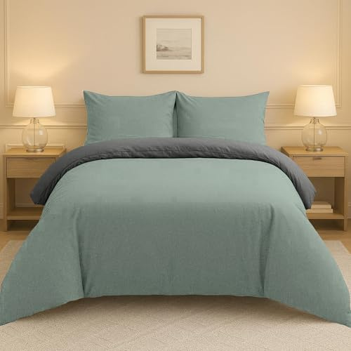 Lions Plain Dye Bedding, King Size Duvet Cover Sets with Pillowcase, 3 Piece Ultra Soft Reversible Quilt Covers Bed Set, Microfibre Premium Quality, 230x220cm, Sage Green Charcoal