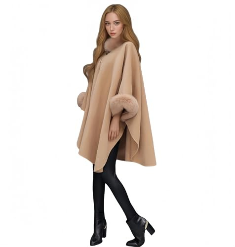 Proumhang Cappotto Mantella A-Line Elegante in Maglia,con Grande Collo in Pelliccia Sintetica e Cappuccio,Soprabito Trench per Donne, Taglie Forti Inverno,Poncho Cardigan Avvolgente Cammello 2XL