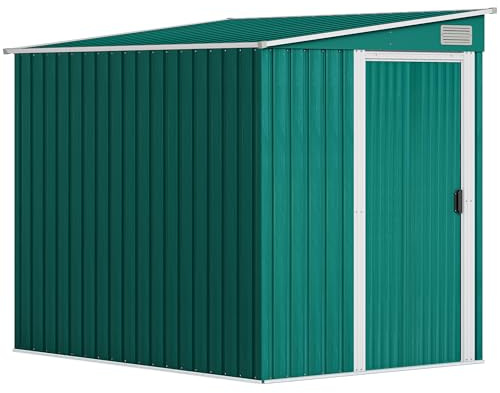 Outsunny Casetta da Giardino 2.81m² in Acciaio Zincato con Kit Fondazione, Capanno Porta Attrezzi Addossato con Ripiani Regolabili, Ganci, Tetto Inclinato, Prese d'Aria, Porta Scorrevole Verde