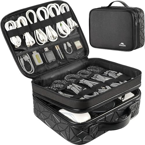 MATEIN Borsa Porta Cavi da Viaggio Grande, Organizer Cavi a Doppio Strato con Divisori Rimovibili, Impermeabile e Antiurto, per Caricabatterie, Power Bank e Accessori Elettronici, Nero