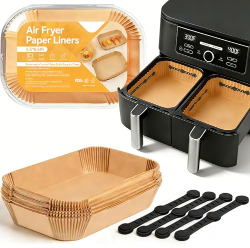 Zubehör für Airfryer Ninja AF300EU AF400EU AF500EU SL400EU | THAKOI Vollständiges Set mit 100 Backpapieren und 4 Silikonmagneten, schützt Ihre Dual Zone Heißluftfritteuse im Alltag