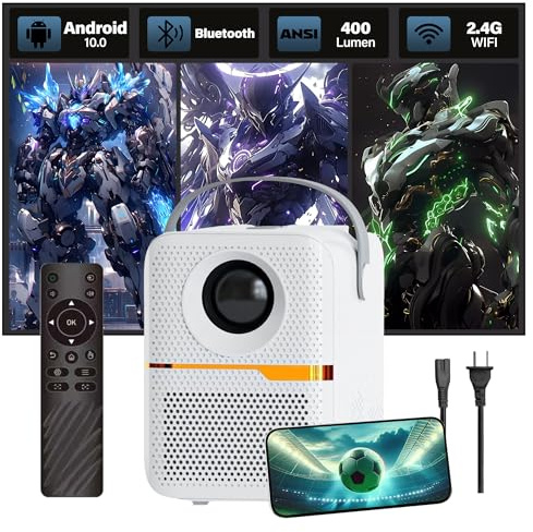 P10 Mini Projecteur Video,WiFi+Bluetooth,400 ANSI 1280 * 720P Videoprojecteur avec Haut-Parleur Intégré,Android 10 Retroprojecteur,Extérieur Projecteur Portable pour TV/Téléphone/Ordinateur Portable