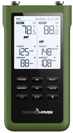 ThermoMaven 3000FT Smart Wireless Fleischthermometer, Sub-1G Langstrecke, 6 Sensoren (NIST genau), 2 dünne Sonden, Basisstation mit LCD, für Grill, BBQ, Ofen, Räucherofen (Avocadogrün)