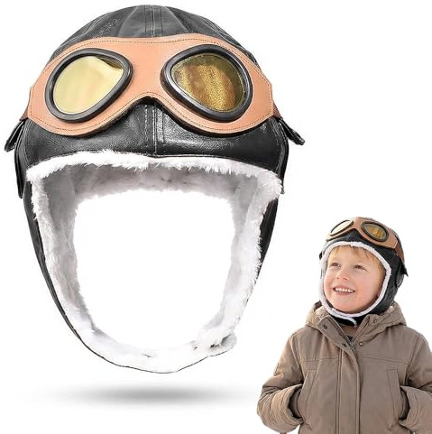 Kids Aviator Hat with Goggles, Faux Leather Fur Lined Pilot Style Winter Hat for Children, Vintage Flying Cap Headwear for Boys Girls, Photos, Parties, Halloween and Themed Outfits, Black Brown