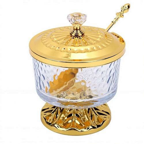 VBESTLIFE Azucarero de Vidrio con Tapa y Cuchara (GOLD)